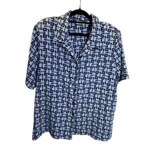 Vintage Alia Petites Blue Geometric Button Up Blouse Shirt w/ Shoulder Pads 16